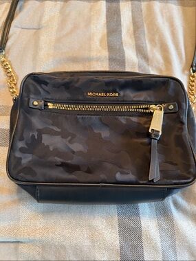 Michael Kors Black Camo Nylon Crossbody with Gold Hardware